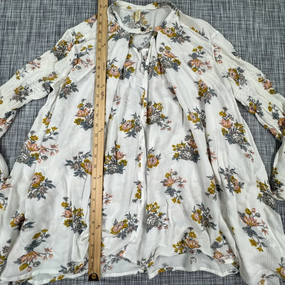 Free People Women's S White Floral Rayon Tunic Top Lace Trim Boho Cottagecore